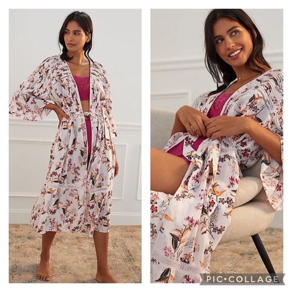Anthropologie Pintucked Floral Lace Robe Kimono Size XL - Picture 1 of 8